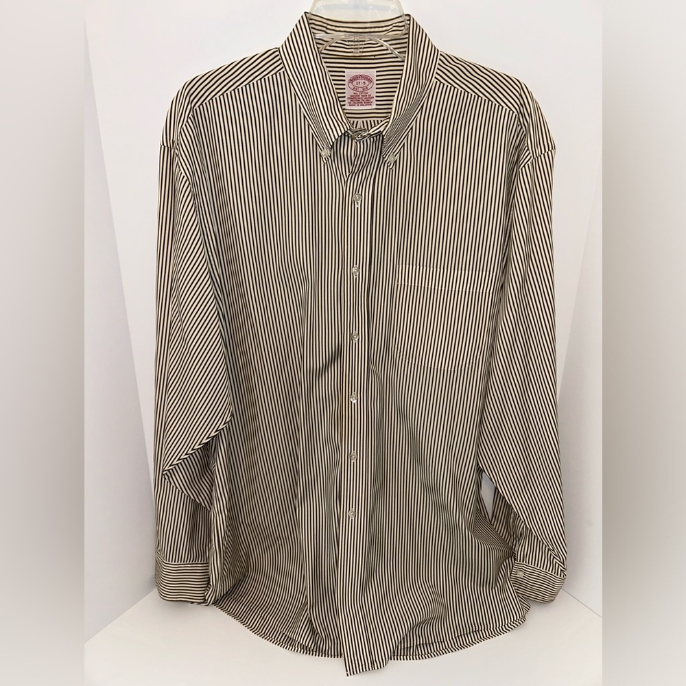 Brooks Brothers long‎ sleeve cream navy gold stripe dress shirt sz 17